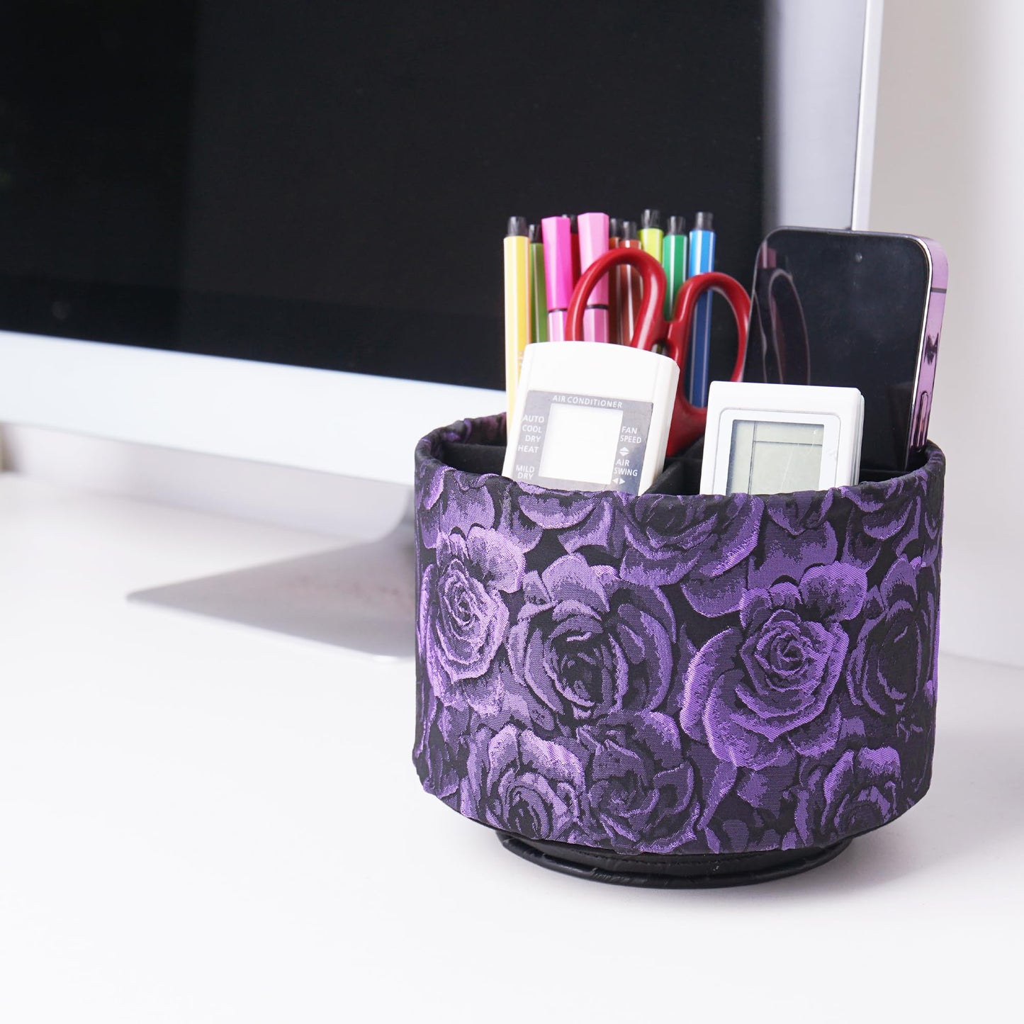 QIELIZI Round Leather Art Supply Organizer,Remote Control Holder,360 Degree Rotating,Multi-Functional Pencil Holder,4 Compartments Desktop Stationary Organizer(1-3D Rose Purple)