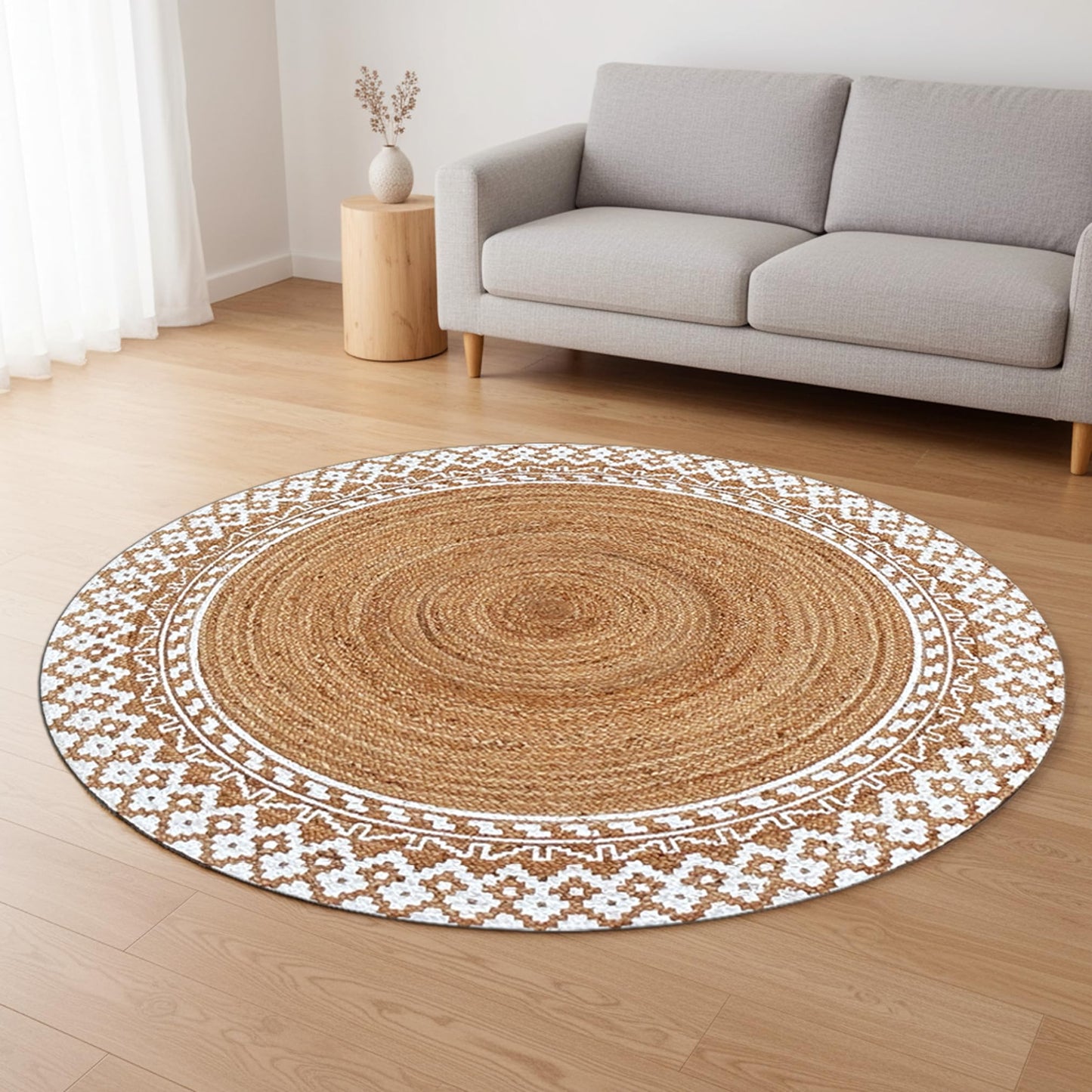 4 Ft Round Jute Rug – Handwoven Natural Fiber Area Rug with White Border, Boho Braided Rug for Living Room, Dining Table, Entryway & Bedroom, Durable & Eco-Friendly Carpet