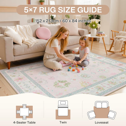 Tribesigns Boho Oushak 5x7 Washable Area Rug for Girls Bedroom, Soft Pastel Pink Nursery Rug Living Room, Oriental Floral Non-Slip Ultra Thin Indoor Carpet for Dorm Kids Playroom