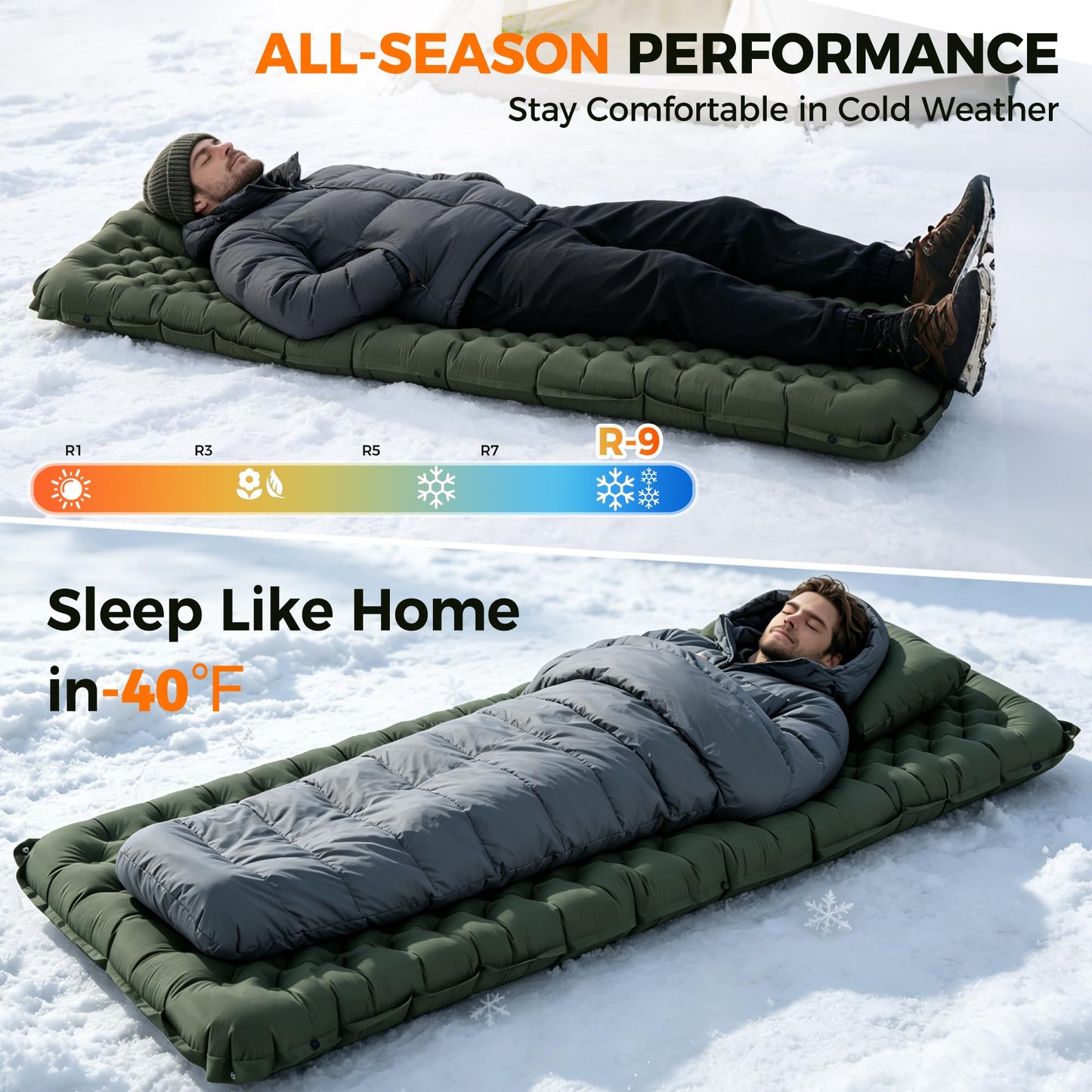 Asrug Camping Insulated Sleeping Pad with 9.0 R-Value for All Season Portable 4" Thick Camping Mattress Pad for Outdoor Hiking Tent Ultralight Backpacking Inflatable Sleeping Mat(Green)