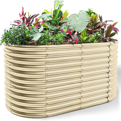 Land Guard 8x4x3ft Oval Galvanized Raised Garden Beds, Large-Capacity Metal Planter Box Outdoor, Durable Deep Raised Garden Bed 3ft Tall, Raised Beds for Gardening Vegetables, Cream Yellow