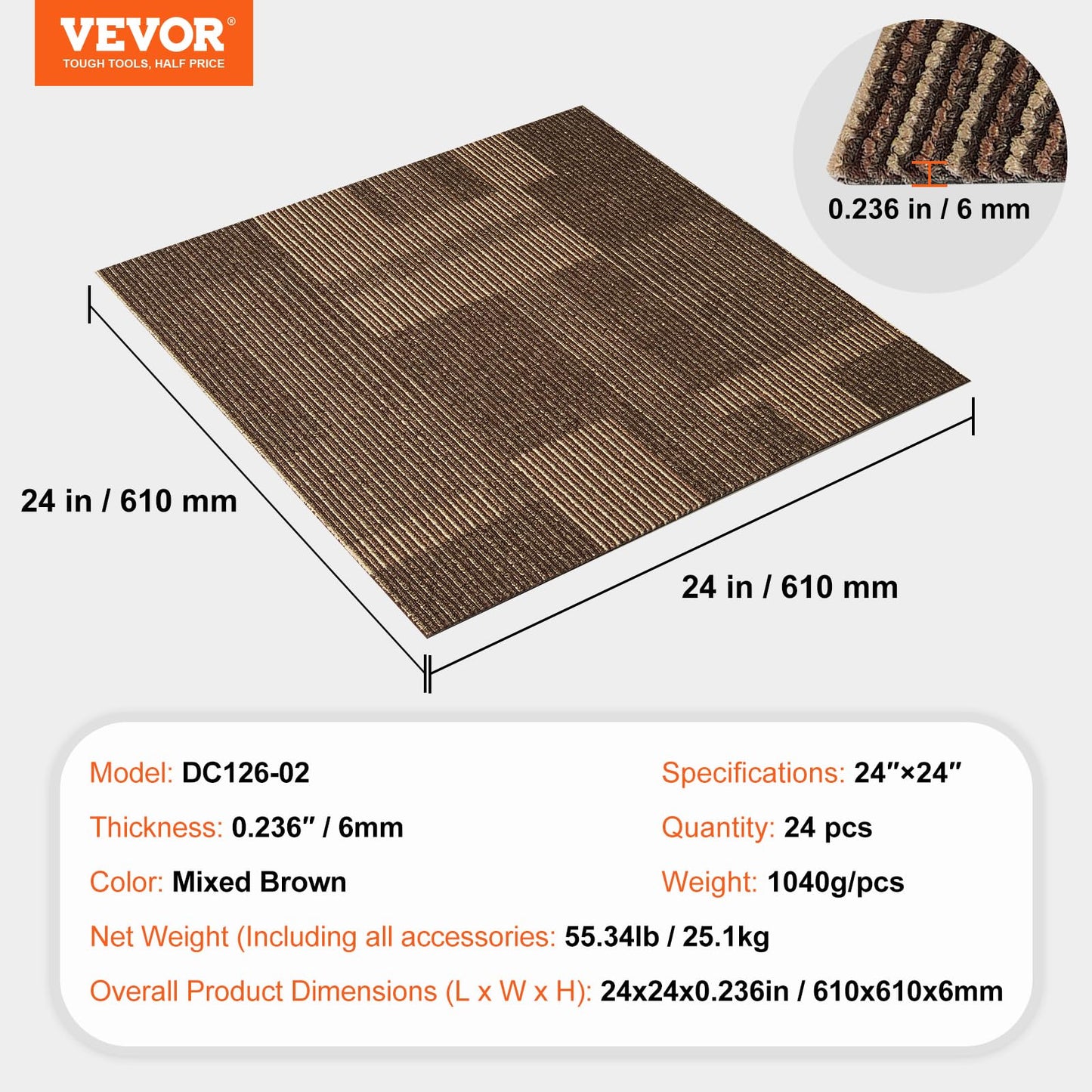 VEVOR Carpet Tiles Reusable, 24 PCS, 24"x 24", Squares Soft Padded Carpet, Carpet Floor Tiles Easy DIY for Bedroom Living Room Indoor Outdoor (Mixed Brown, 96 sqft/Box)