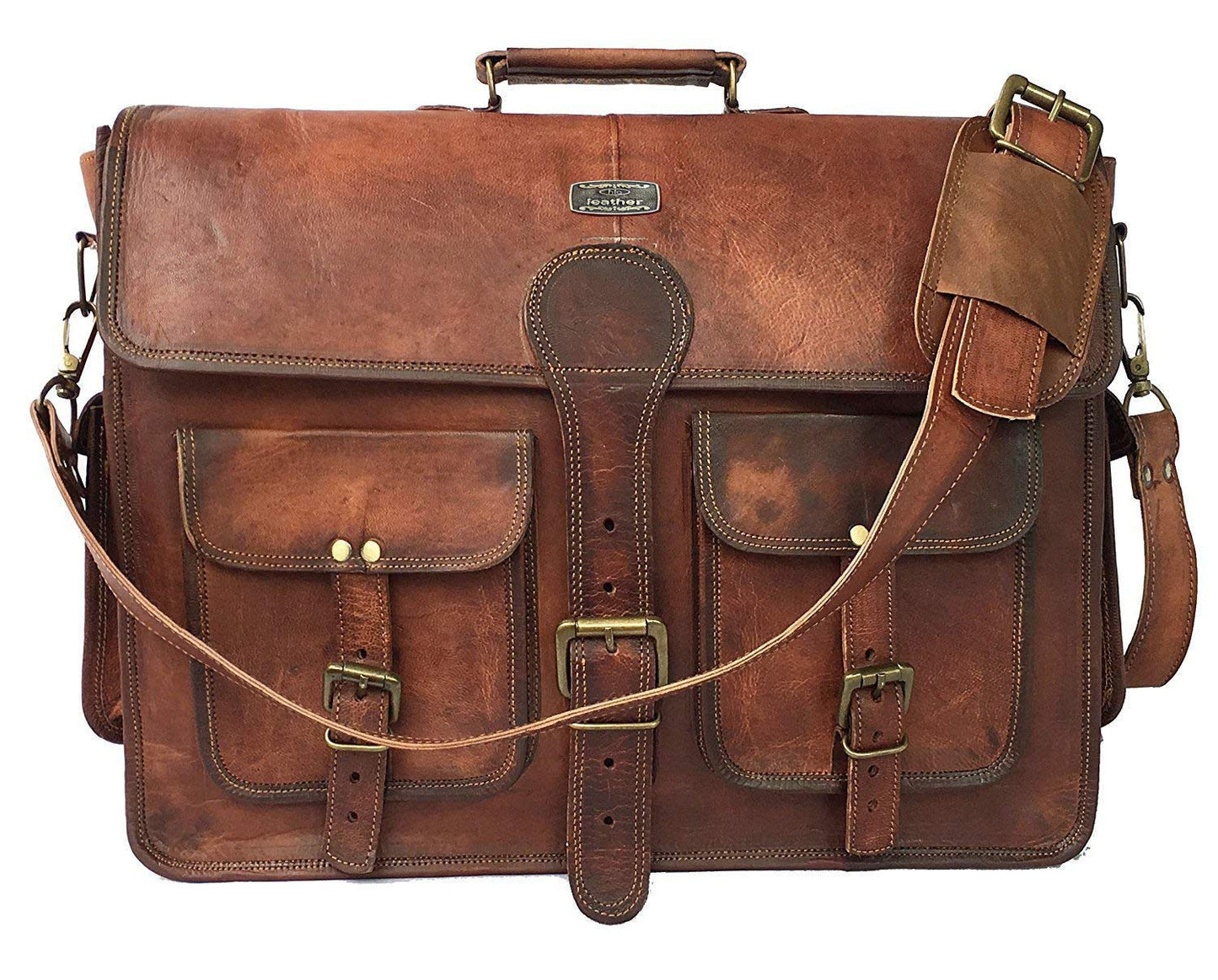 18" Messenger Laptop Briefcase Bag For Men With Vintage Leather Toiletry Dopp Kit