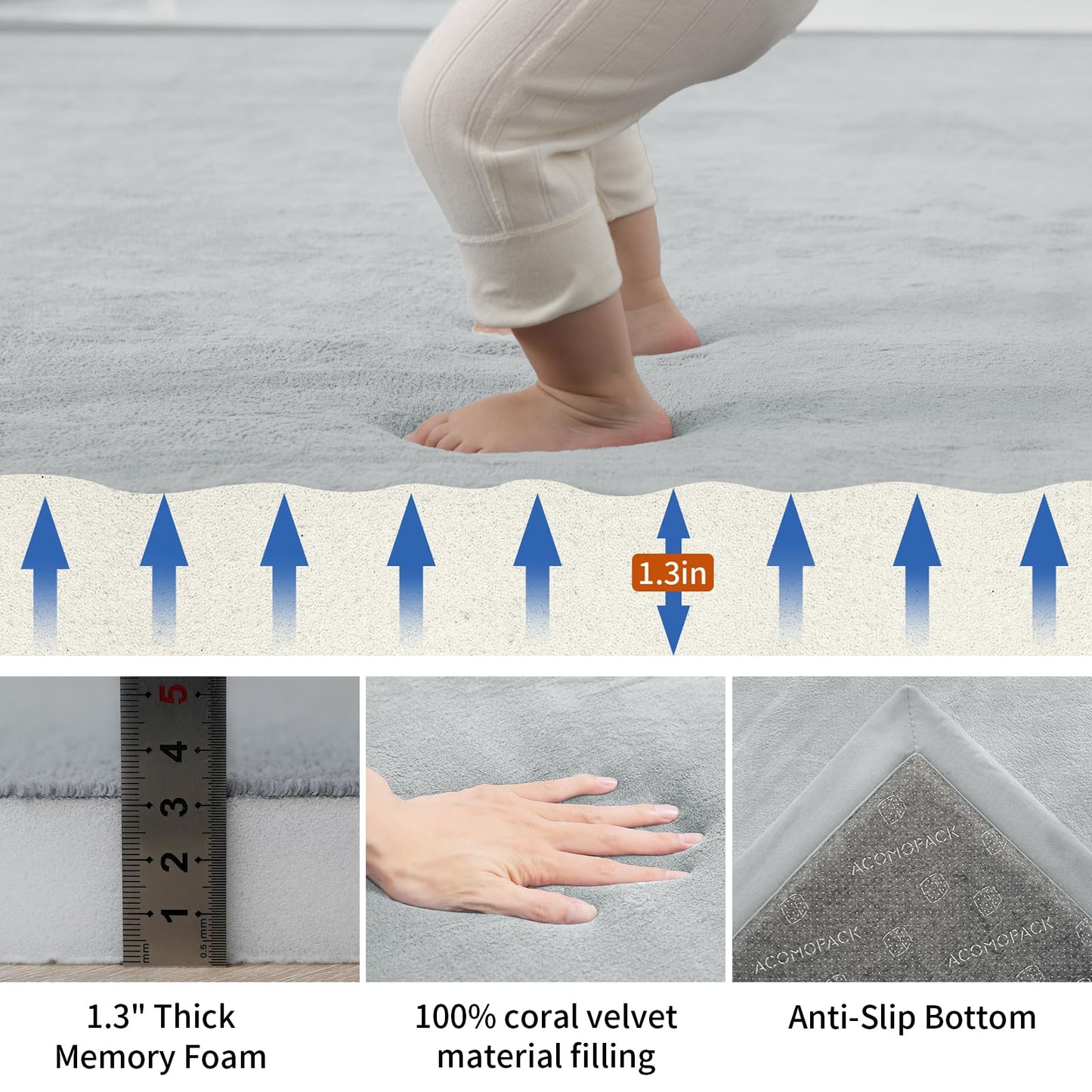 ACOMOPACK Baby Play Mat for Floor,1.3" Thick Memory Foam Area Rug for Living Room,Soft Velvet Crawling with Non-Slip Bottom for Kid,Toddler,59"×71" Tummy Time Nursery Rugs,Yoga（Light Grey）