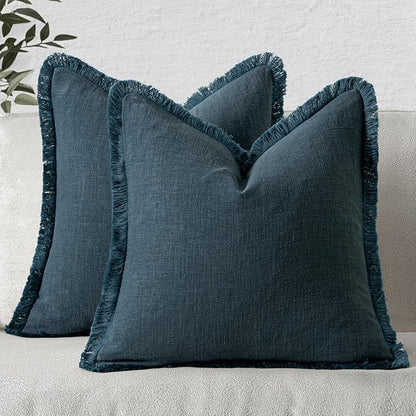 MIULEE Decorative Throw Pillow Covers Neutral Linen Fringe Throw Pillows Set of 2 Navy Blue Boho Farmhouse Cushion Covers with Tassels for Couch Sofa Bed Living Room Spring Home Decor 16x16 Inch