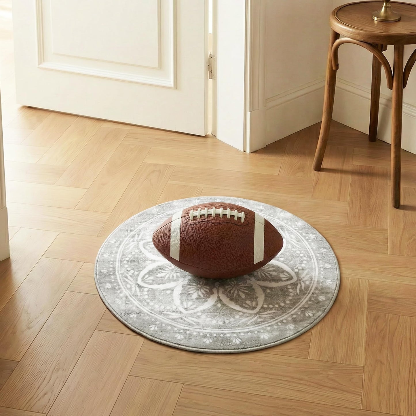 Carvapet 2ft Small Round Rugs - 24 inch/61 cm Mini Doormat Washable Vintage Non-Slip Circle Rug with Rubber Backing Foldable Low Pile Design for Entryway Living Room Bedroom, Grey Mini Rug