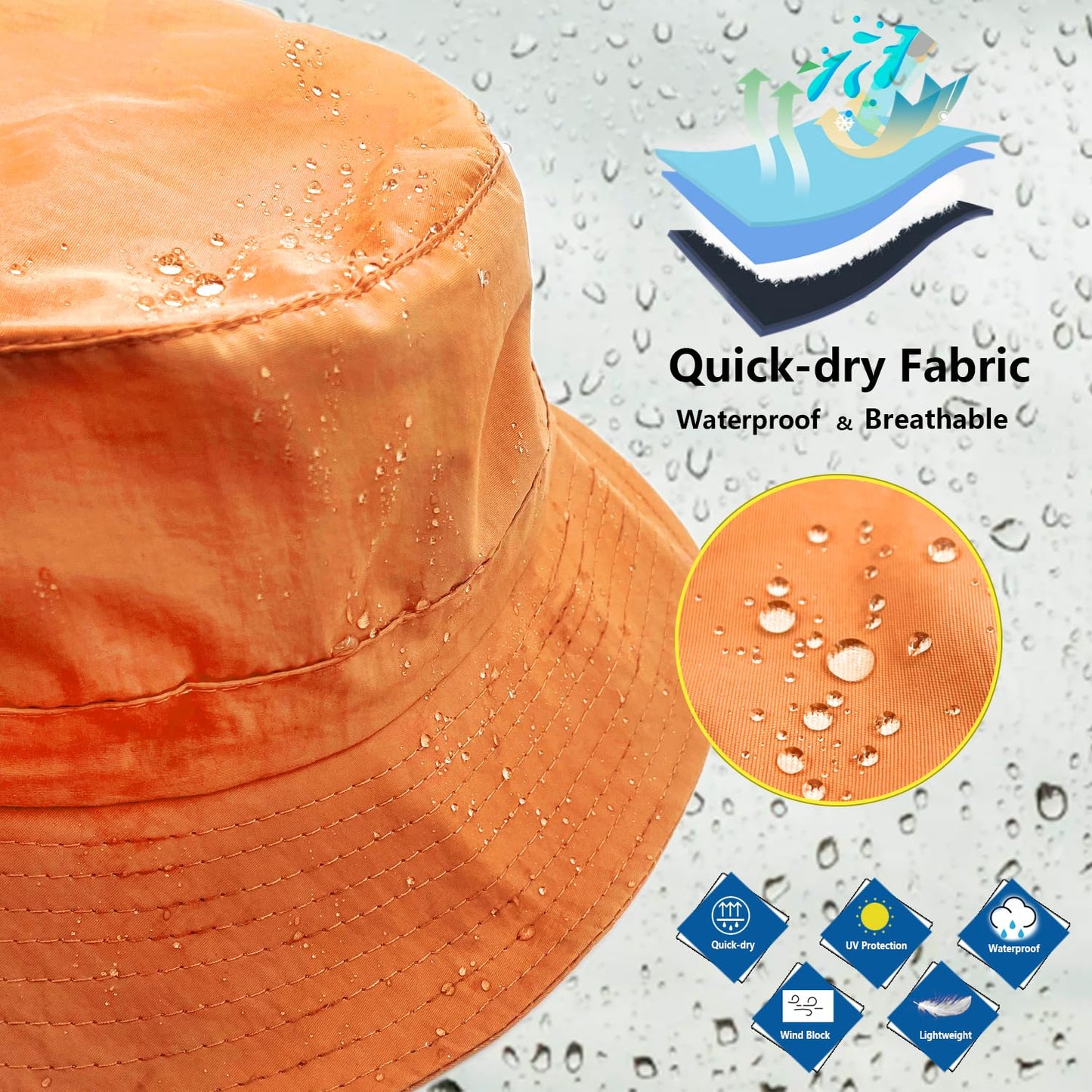 woogwin Waterproof Bucket Rain Hat with Chin Strap Quick Dry Packable Boonie Sun Hat Safari Hat UV Protection(Orange)