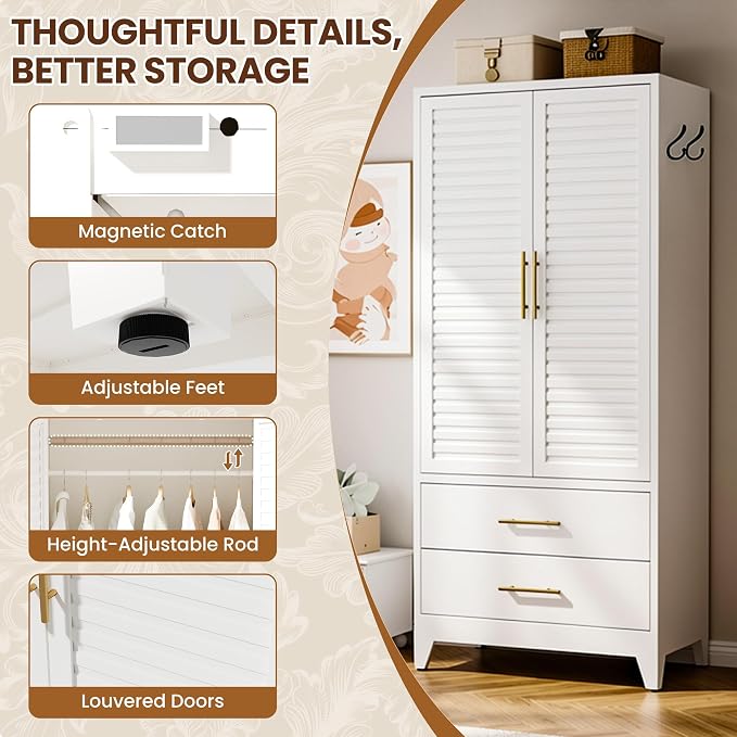 Metal Armoire Wardrobe Closet, 71" Clothing Storage Cabinets with Adjustable Hanging Rod and Shelves , Louvered Doors, 2 Side Hooks & 2 Drawers - Closet Cabinet for Bedroom, Laundry Room, Cloak Room
