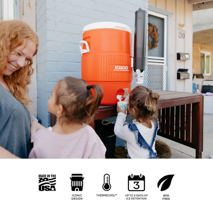 Igloo 10 Gallon Portable Sports Cooler Water Beverage Dispenser with Flat Seat Lid, Insulated Beverage Dispenser, Orange/White