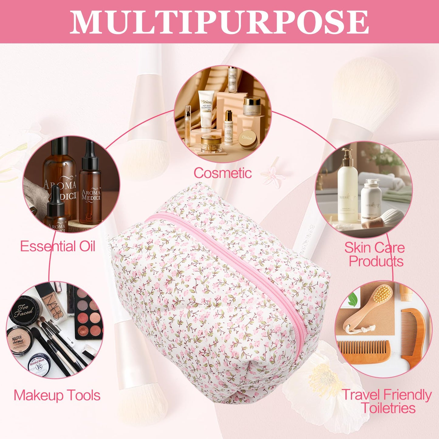 dark swan Cotton Quilted Makeup Bag, Cute Pouch Toiletry Bag Cosmetic Bag Quilted Floral Organizer Bag Travel Coquette Aesthetic Portable Storage Zipper Purse for Women (Pink)