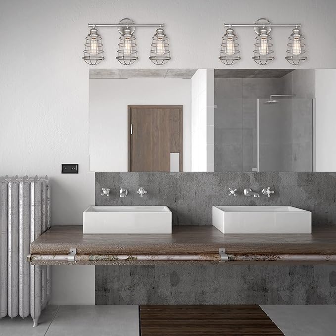 Design House 519728 Ajax Industrial Modern 3-Light Indoor Bathroom Vanity Light with Metal Wire Cage Over the Mirror, Galvanized Steel