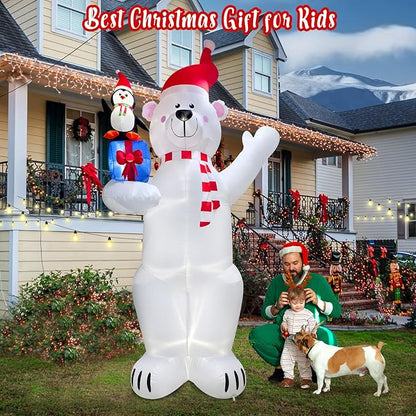 12.2FT Giant Christmas Inflatable Polar Bear & Penguin with Xmas Gift Box Decoration, Christmas Blow Up Penguin and Bear Inflatable Built-in 6 LED for Christmas Inflatables Outdoor Decoration