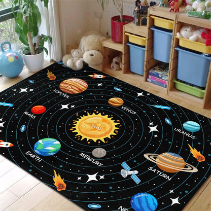 Kids Carpet Outer Space Rug, Solar System Mat 5x7 FT, Fun Game Boy Girl Kids Rug Carpet for Children Bedroom, Space Area Floor Mat for Living Room Nursery Room Toddler Classroom Decor