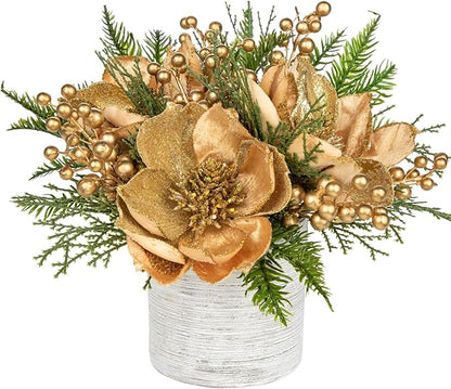 13 inch Gold Christmas Table Centerpiece 5" Glitter Magnolia Flower and Berries Fir Greenery Artificial Christmas Floral Centerpiece in Silver Ceramic Pot TableTop Christmas Table Arrangement Decor
