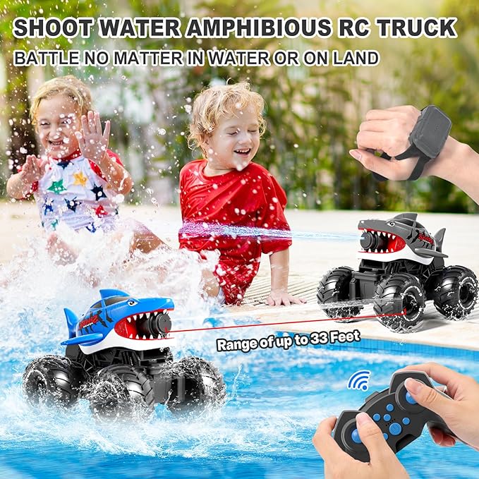 Gesture Sensing Amphibious Remote Control Gray Shark Monster Truck with Water Squirt 4WD 1:16 RC Car All-Terrain Waterproof RC Tank Pool Toy Outdoor Summer Gifts for Kids Age 6+（2 Replaceable battery)