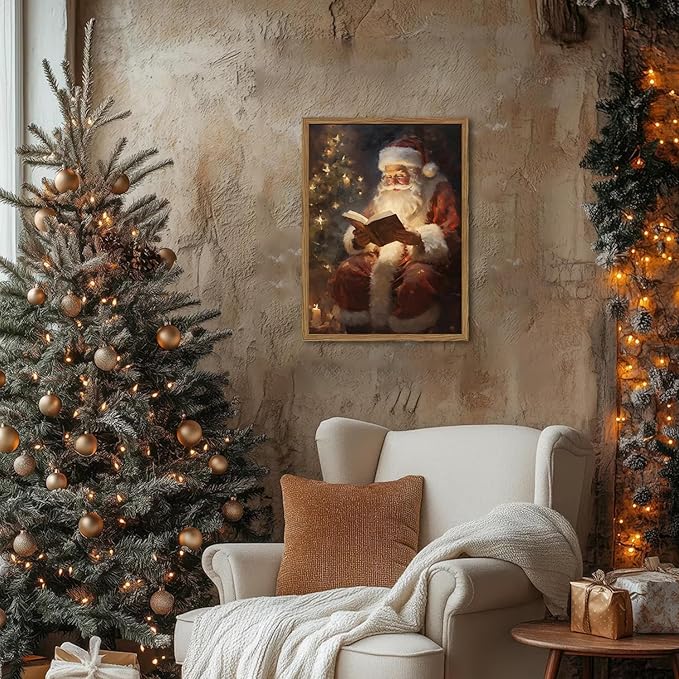 Framed Vintage Christmas Canvas Wall Art, Santa Claus Reading Book Paintings Wall Decor, Rustic Winter Holiday Pictures Prints for Living Room Bedroom Home Decoration 8×10 inch