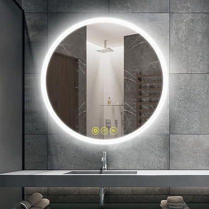 OKISS Led Lighted Bathroom Mirror, Large Round 32 inch Wall Mount Vanity Mirror, Frameless Backlit Mirror, Smart Lighted Mirror with Touch Dimmer Switch, Anti-Fog, 3 Color Tones