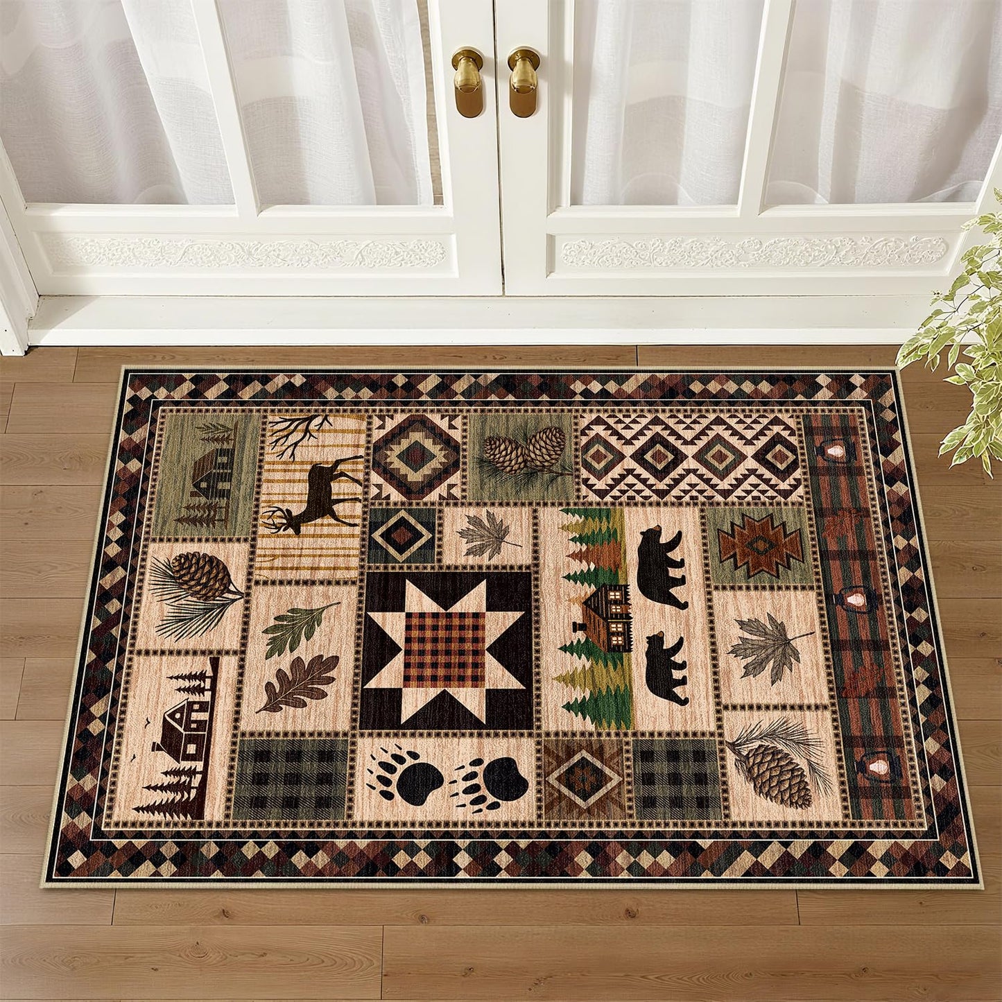 Bear Rug 2x3 Rustic Cabin Deer Entryway Rug Southwestern Lodge Doormat Machine Washable Non-Slip Low-Pile Western Woodland Door Mat for Kitchen Bathroom Bedroom Laundry