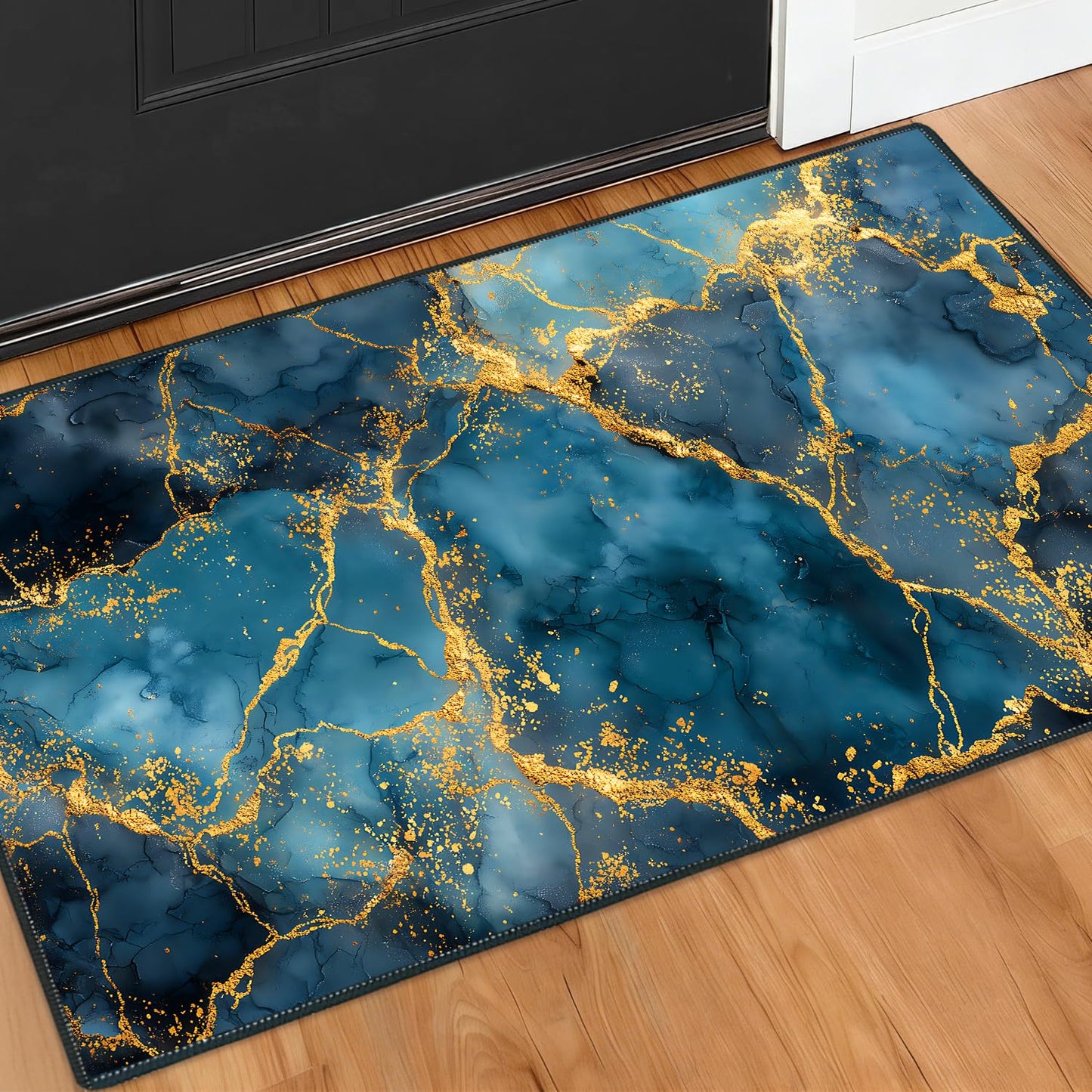 ANNA QUEEN 2x3FT Blue Gold Marble Area Rug, Indoor Door Mat Entry Rug, Luxury Abstract Washable Non Slip Rug for Front Door Foyer Hallway Kitchen Apartment