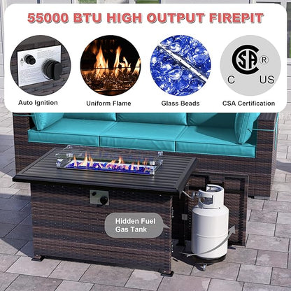 Kurapika 13 Pieces Patio Furniture Set, Rattan Wicker Outdoor Conversation Sets w/43in Propane Fire Pit Table, Swivel Rocking Chairs Patio Sectional Sofa w/4 Inch Cushion, Blue