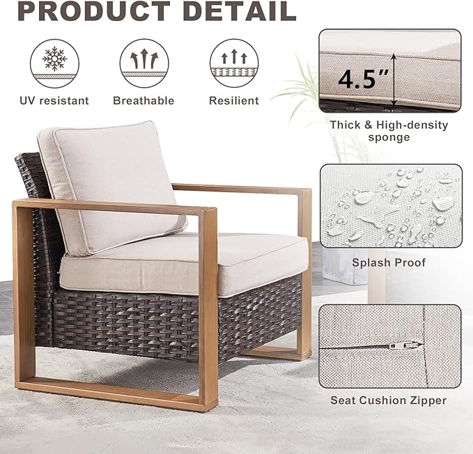 Rilyson Outdoor Wicker Patio Furniture Set - 5 Piece Patio Conversation Set with 2 Wicker Armrest Chairs,2 Rattan Ottoman, 1 Side Table, Sturdy Frame, Thick Cushions, Deep Seating(Brown/Beige)