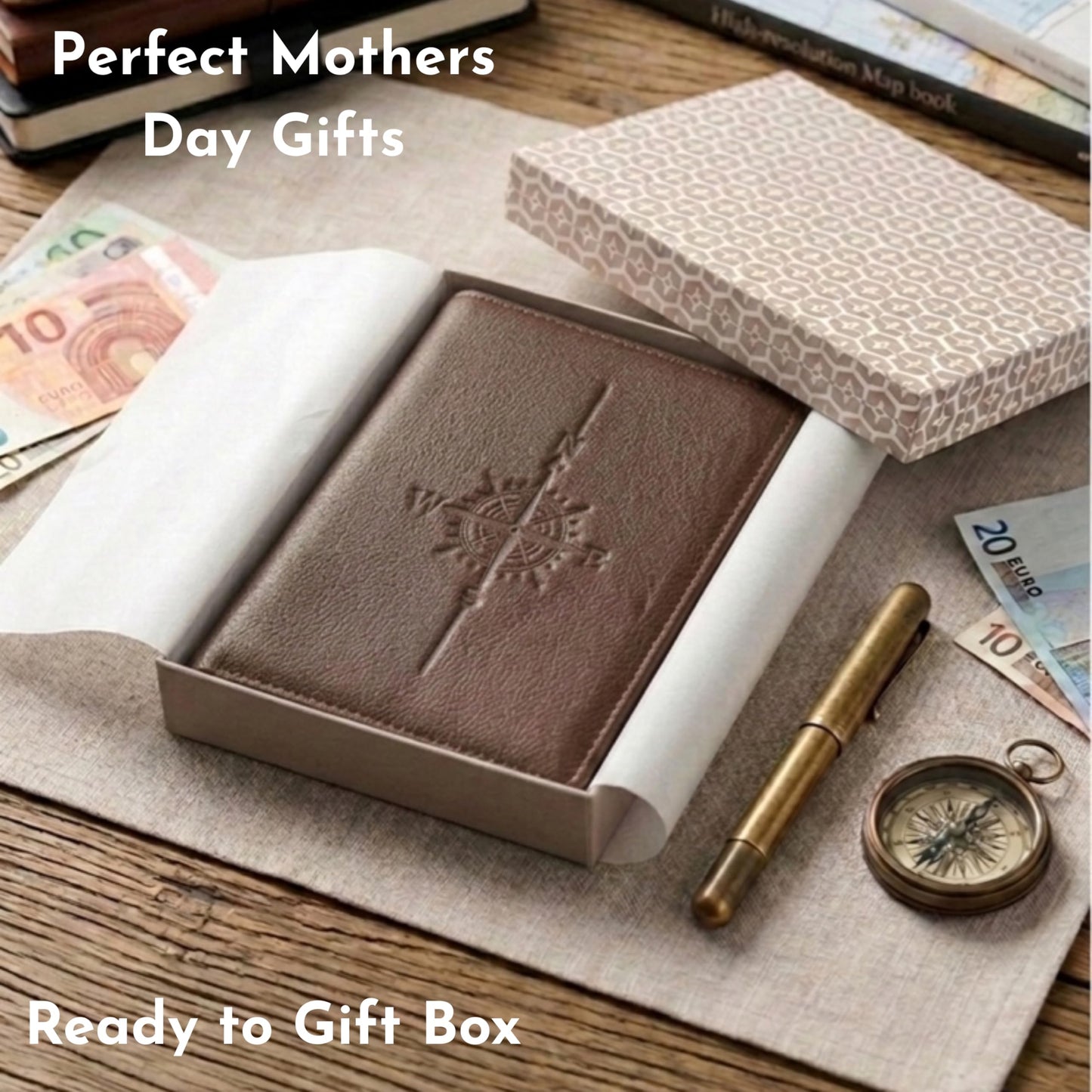 SETTINI Passport Holder for Travel – Genuine Leather RFID Blocking Passport Wallet, Compass Design, 6 Card Slots, ID Window, Fathers Day Gift, Gift-Ready Box