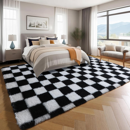 KICMOR Rugs for Living Room, 5x8 Area Rug Black and White Fluffy Shag Soft Checkered Rug Large Fuzzy Plush Furry Shaggy Carpet for Bedroom, Kids Boys Girls Teen Dorm Nursery Home Decor Aesthetic