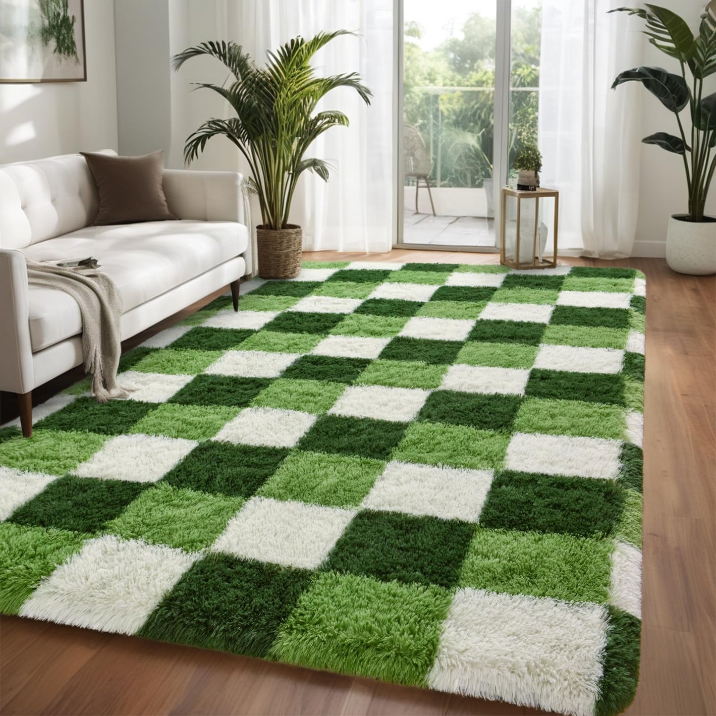 Nuttumico Modern Checkerboard Rug for Living Room Bedroom, 4x6 Ft Green Checkered Fluffy Carpet, Thickened Memory-Foam Area Rug for Kids Nursery Dorm, Home Decor, Anti-Slip and Easy to Clean