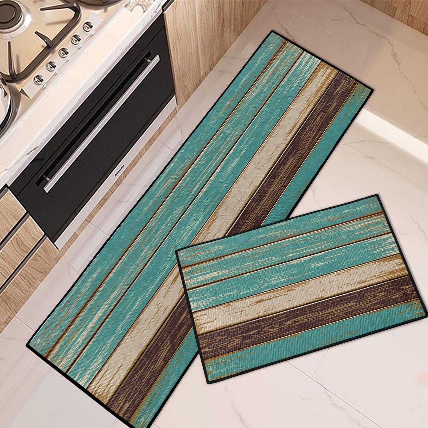 Tayney Rustic Kitchen Rugs and Mats Non Skid Washable Set of 2, Teal Country Wood Board Mats for Floor, Turquoise Brown Stripes Runner Rug Wooden Plank Texture Kitchen Decor