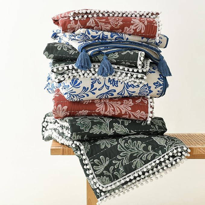 Ultra Soft Pre-Washed Quilted Throw Blanket, Floral Printed Pompom Fringed Dark Green Decorative Throws, Chic Rustic Blanket for Sofa Couch Bed Chair, 90"x 90"