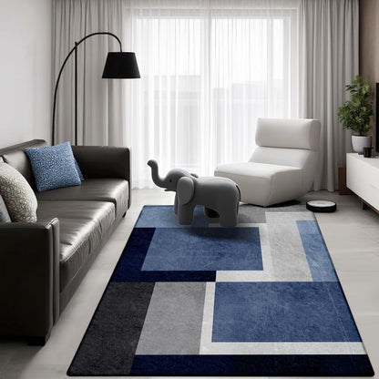 AICLIV Washable Low-Profile Geometric Area Rug, 0.2 inch Thin Abstract Rug Design for Living Room & Bedroom Decor, 3x5 ft Blue Grey Modern Non-Slip Floor Rug