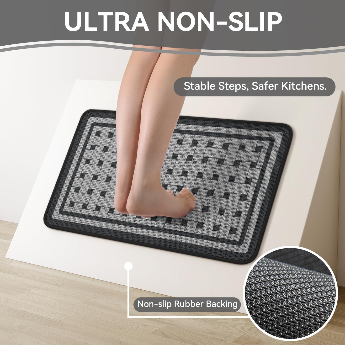 QiCaiJia Kitchen Mats for Floor, 17''x30'' Washable Absorbent Non Slip Kitchen Mat, Braided Kitchen Runner Rug, Kitchen Sink Rug, Grey