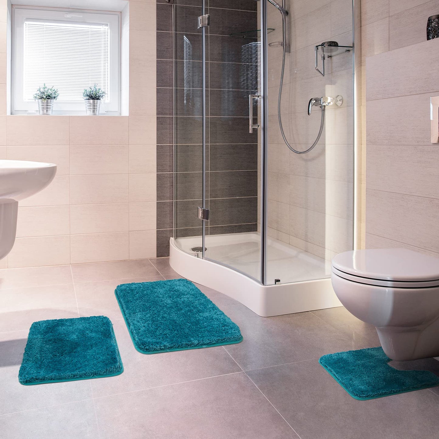 MIULEE 3 Pieces Bathroom Rugs and mats Sets Extra Thick Non Slip Microfiber Bath Mats and U-Shaped Contour Toilet Rug for Bath Room Floor Restroom,20"x30"+16"x24"+20"x20", Teal
