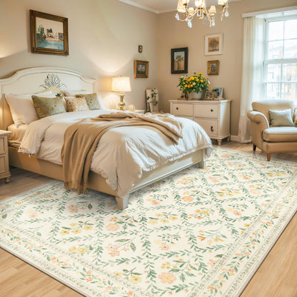 Area Rug Living Room Rugs: Floral 4x6 Washable Rug Vintage Soft Boho Non-Slip Carpet Stain Resistant Large Carpets for Bedroom Dining Room Farmhouse Nursery Hallway Home Office Beige/Multi