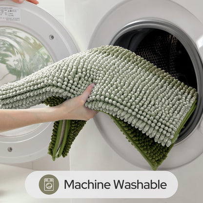 HOMEIDEAS Sage Green Bathroom Rugs, 2 Piece Thick Absorbent Fluffy Striped Chenille Bath Rugs Set, Non Slip, Soft Shaggy Bath Mats for Green Bathroom Decor, 20" x 32" Plus 17" x 24"