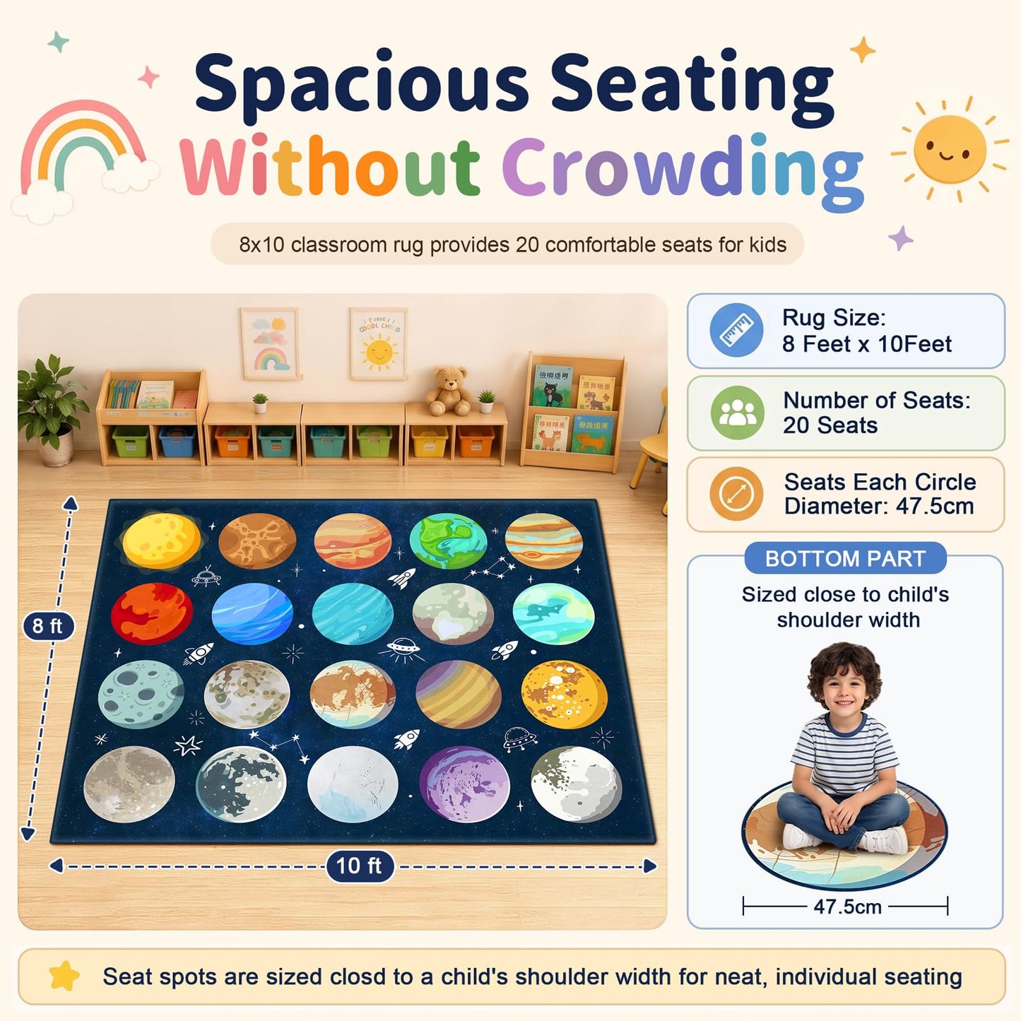 Kimicole 20 Seats Classroom Rugs for Elementary Preschool 8x10 Planet Blue