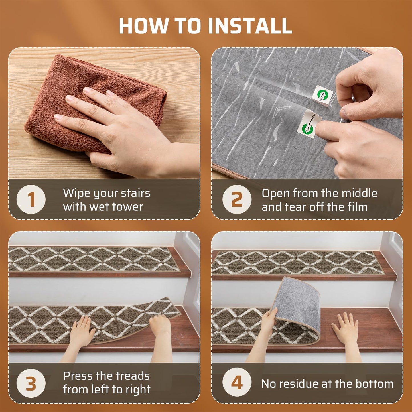 CrystalMX Stair Treads Non Slip for Wooden Steps Indoor, 15 Pack 8" X 30" Carpet Runners for Wood Stairs with Self-Adhesive Backing, Stickiness Stair Rugs for Kids Elders and Dogs, Square Brown