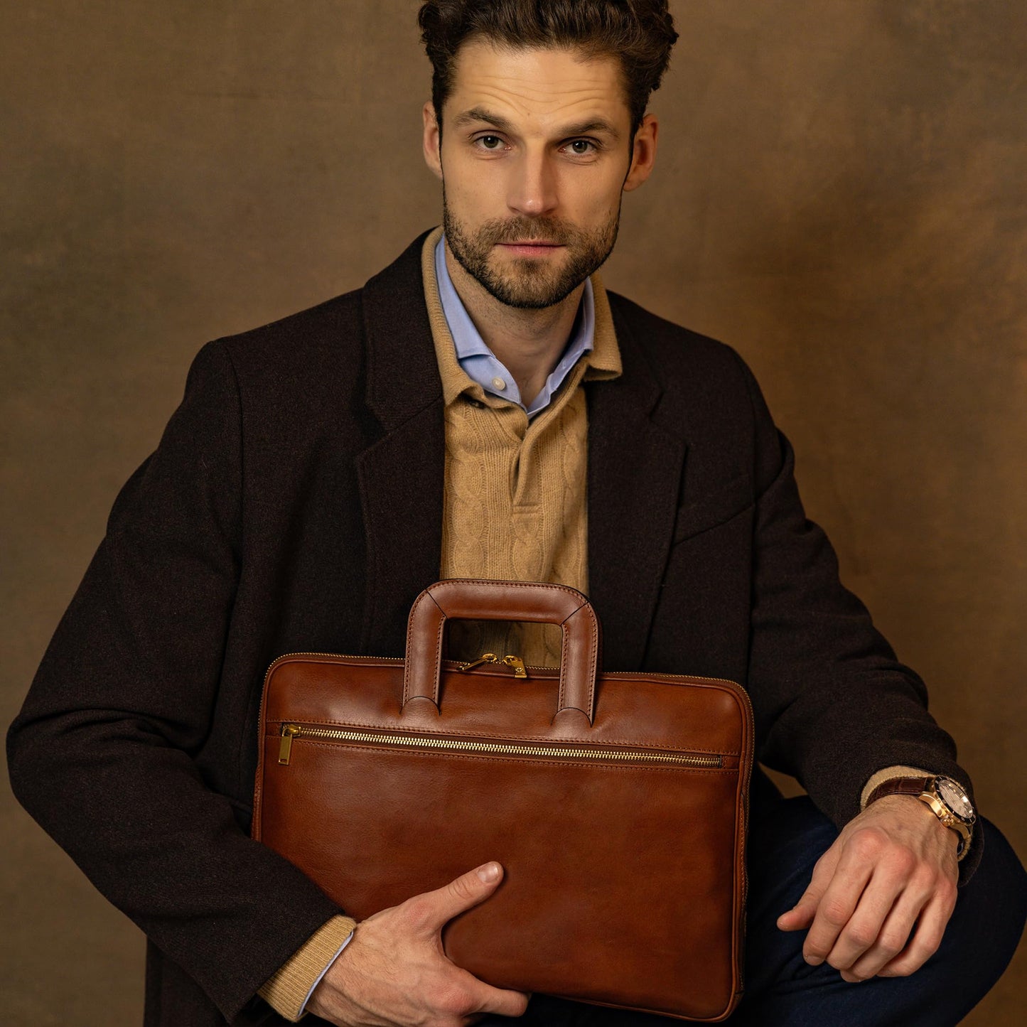 Time Resistance Slim Leather Briefcase - Italian Handmade Leather Laptop Bag for Men and Women (Cognac Brown)