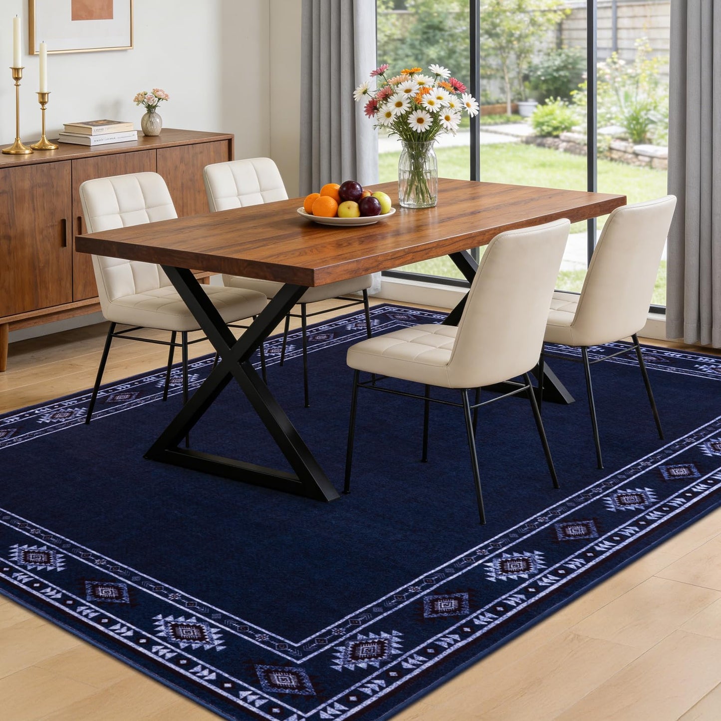 QDUIDU Large Area Rug for Bedroom Living Room, 4x6 Feet Ultra Soft Navy Blue Rugs Washable Modern Geometric Bordered Non Slip Low Pile Carpets Home Decor
