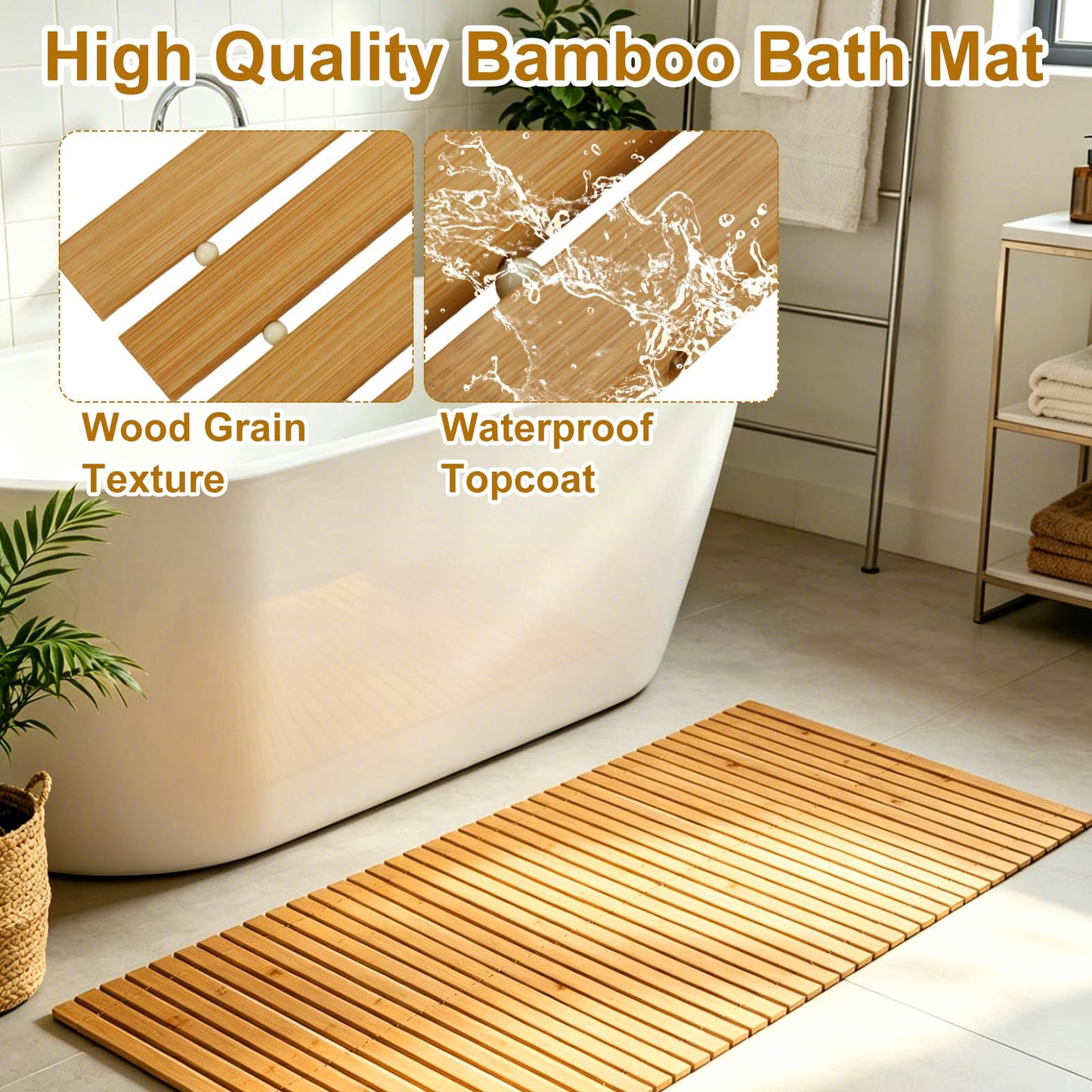 YAYODS Bamboo Bath Mat, 47x16 Inch Non Slip Waterproof Bamboo Shower Mat Wooden Bathroom Mat for Floor, Bathtub, Sauna Spa, Pool