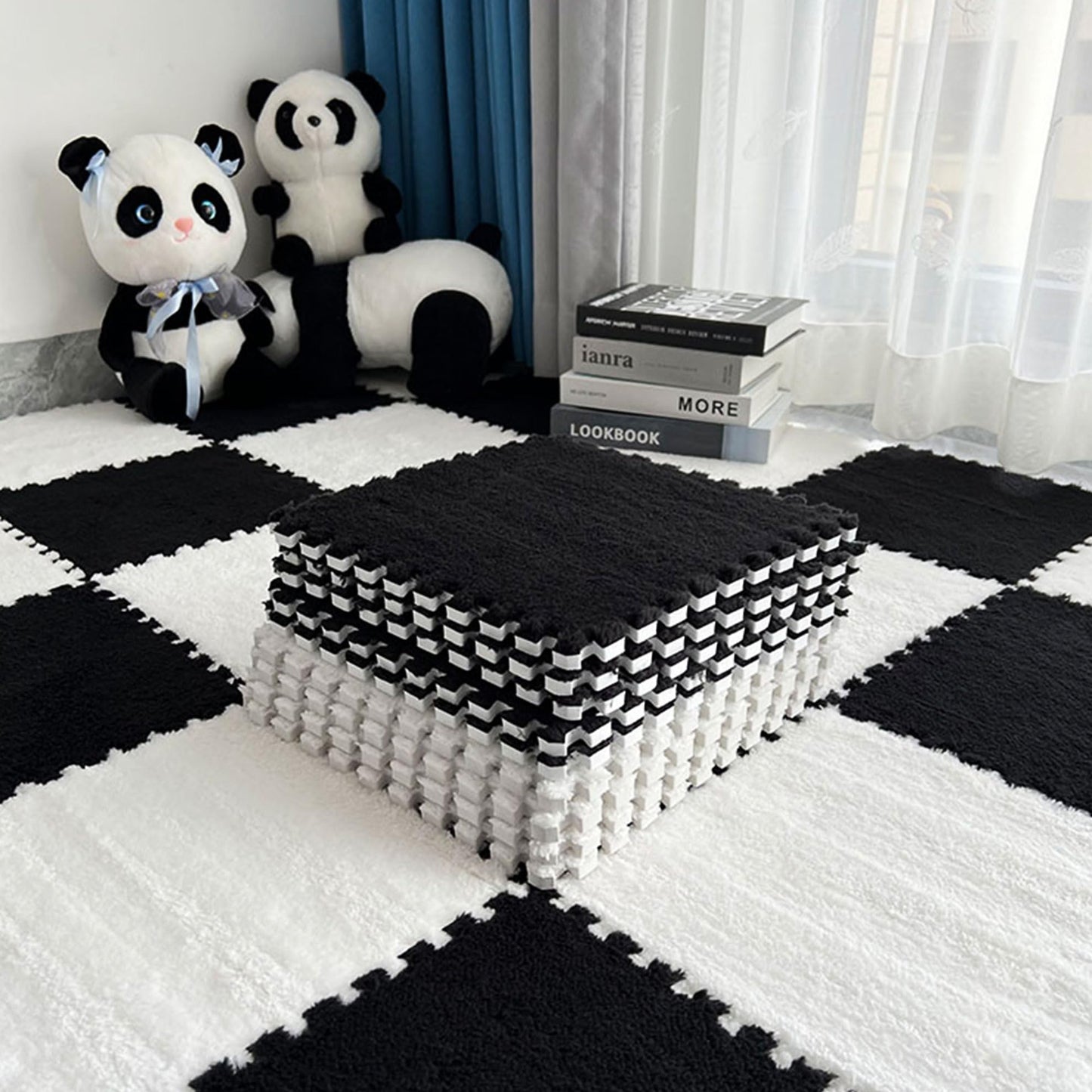 Interlocking Carpet Shaggy Soft EVA Foam Mats Fluffy Area Rugs Protective Floor Tiles Exercise Play Mat for Children Kids Room Home Parlor Bedroom 12 pcs Black