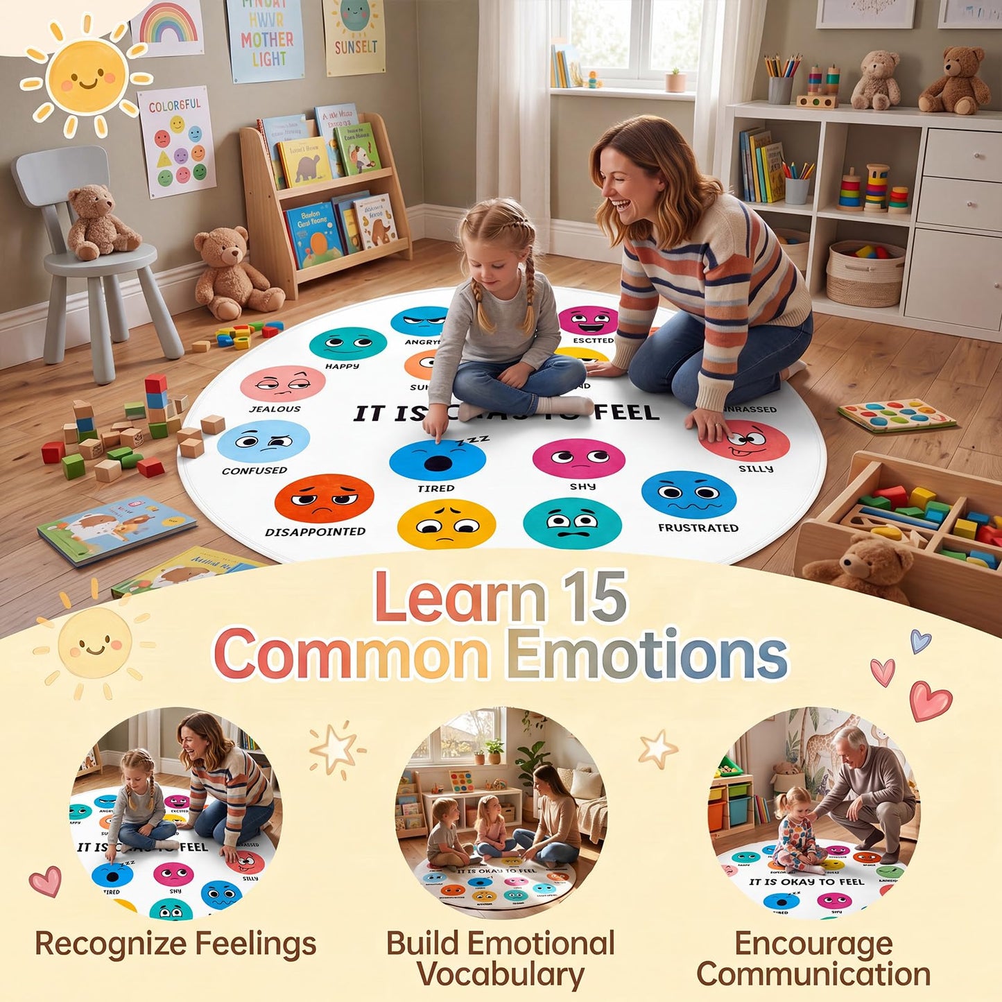 Breling 6 ft Round Calming Corner Rug for Classroom, Feelings Chart Emotion Mat, SEL Circle Time Rug for Kids, Soft Washable Non Slip Sensory Mat Reading Nook Preschool Homeschool Playroom