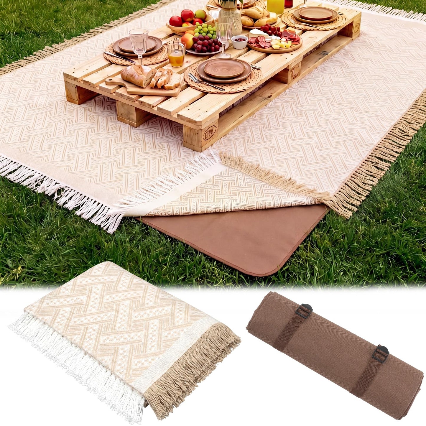 Chicplaid 2-in-1 102'' x 71'' Extra Large Outdoor Picnic Blankets Boho Blanket Beige White Waterproof Mat Woven Cotton for Summer Picnic Camping Beach Lawn Wedding Park Grass Music Festival Concert