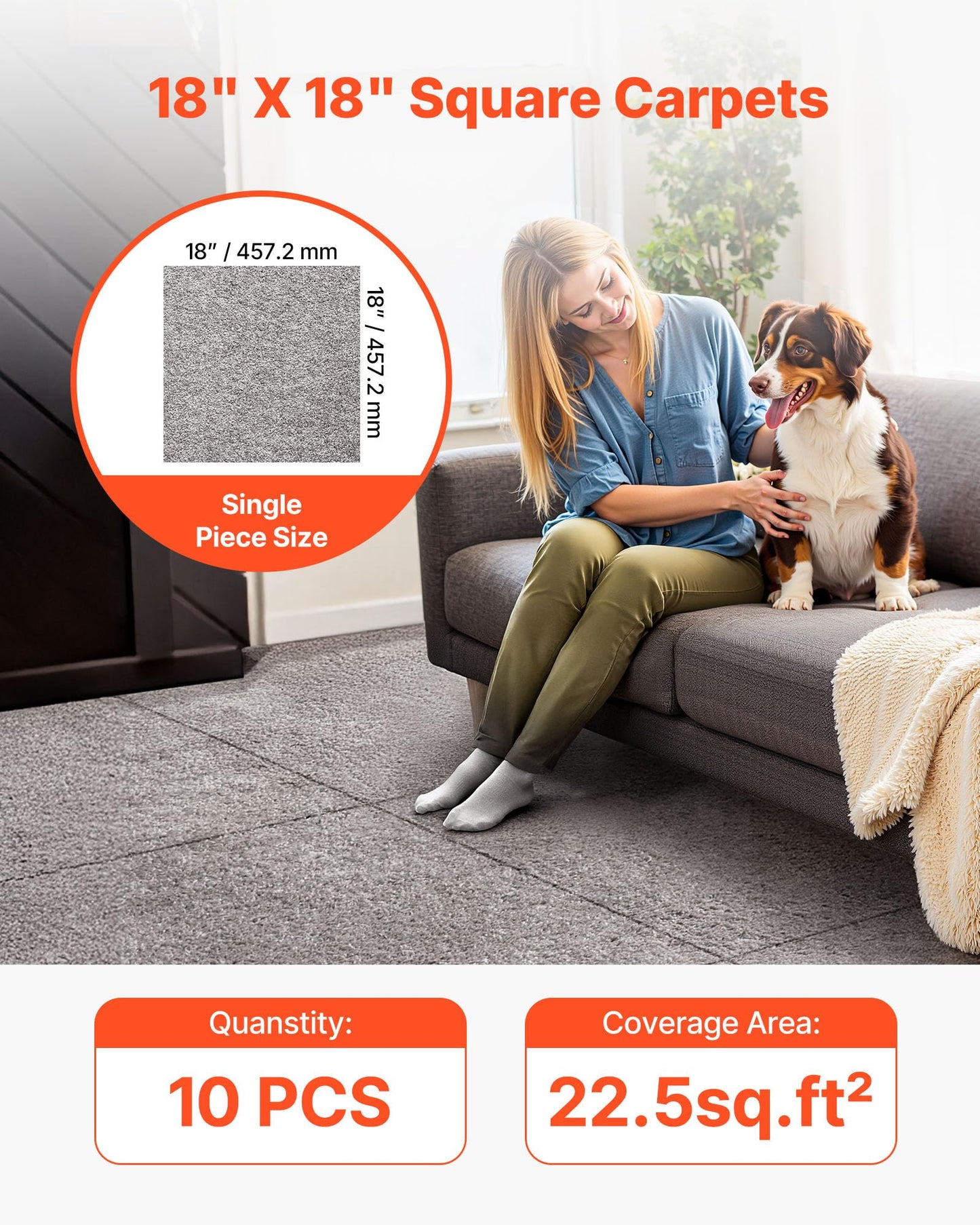 VEVOR Carpet Tiles 18x18 inch, 10 Pack Carpet Square Rug Detachable & Damage-Free, Self Adhesive Home Floor Soft Plush Padded for 22.5sq.ft Coverage, Easy DIY for Living Room & Bedroom, Dark Brown