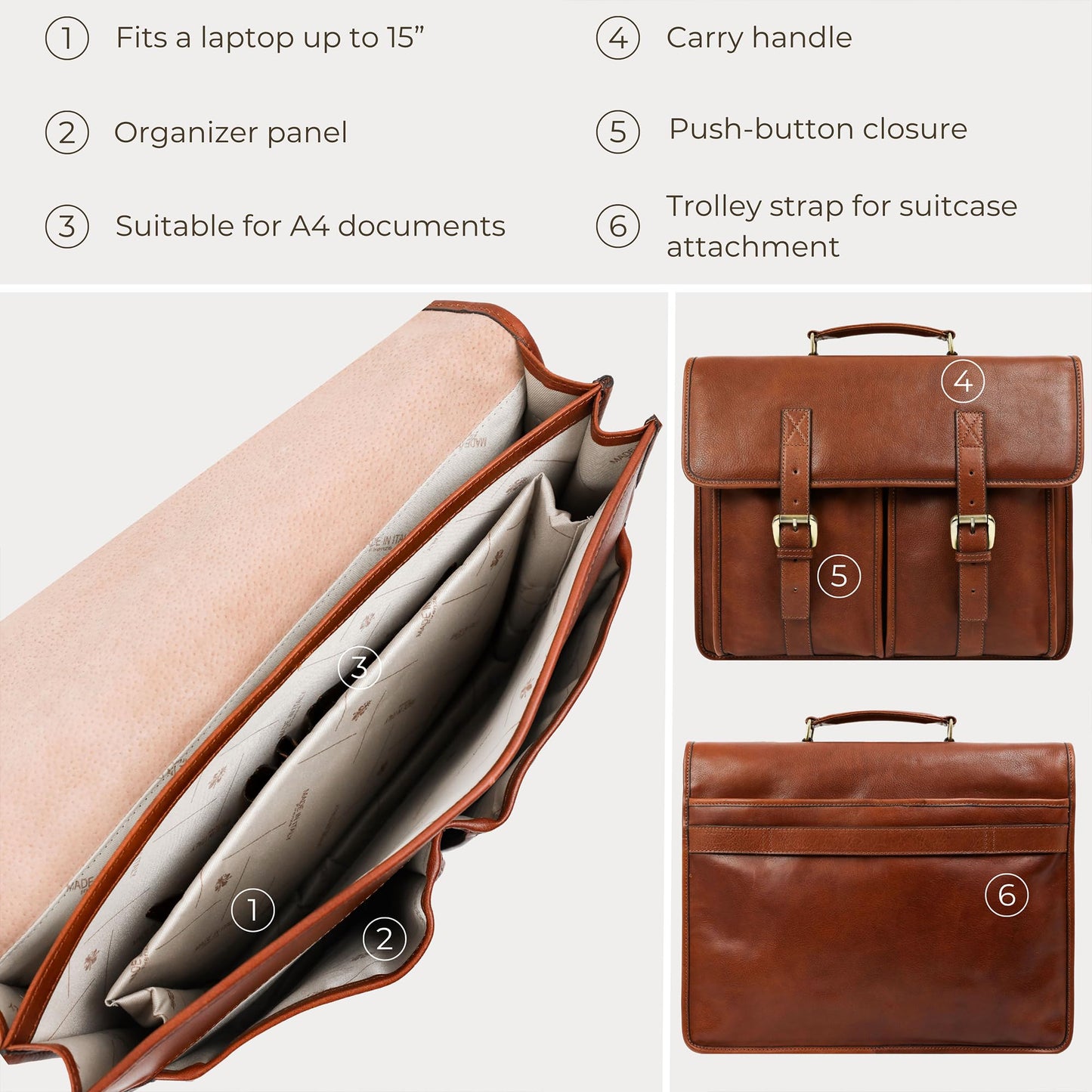 Time Resistance Leather Briefcase for Men - Handcrafted in Italy Full Grain Messenger Bag - Laptop Bag (Cognac Brown)