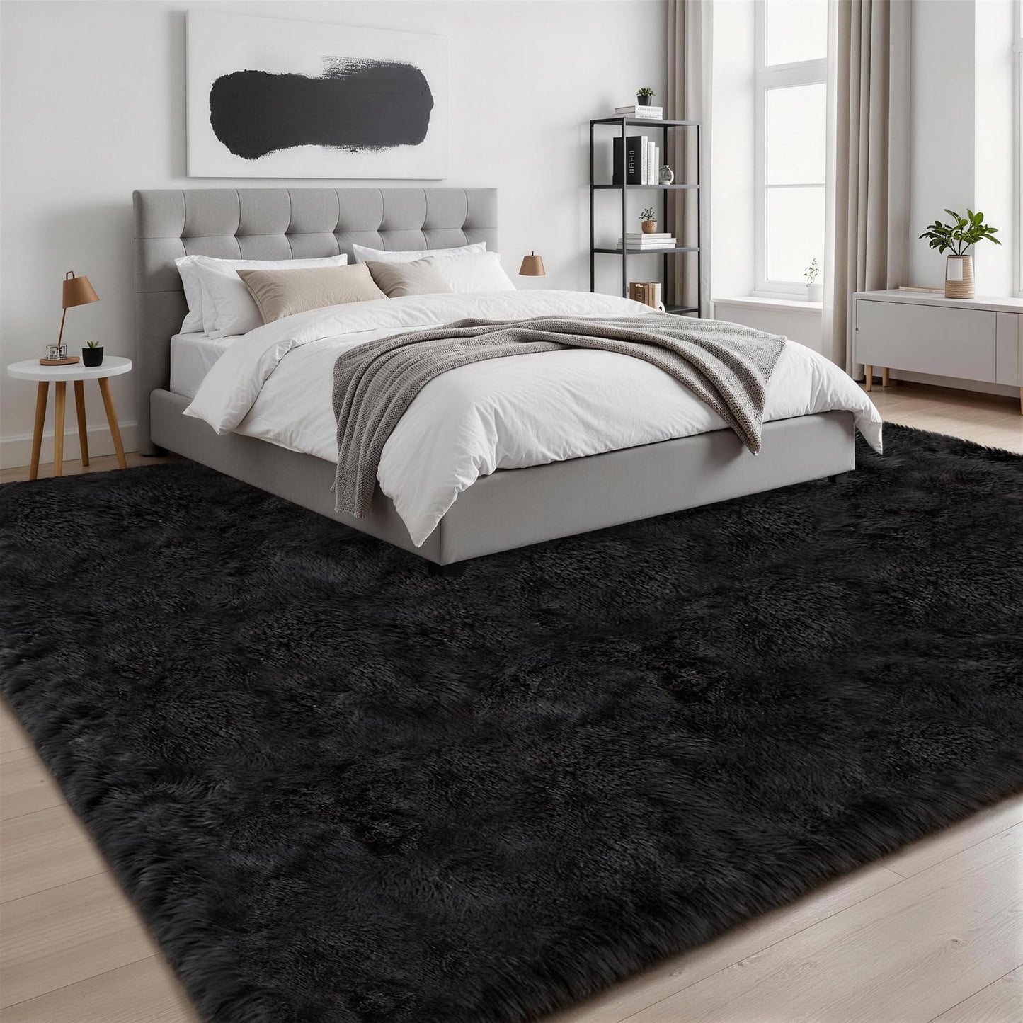Fluffy Area Rugs 9x12 Living Room Bedroom: Ultra Soft Shag Rug Upgrade Non-Slip Non-Shedding Large Fuzzy Plush Carpet Indoor Floor Carpets for Kids Room Playroom Nursery Dorms Home Decor Black