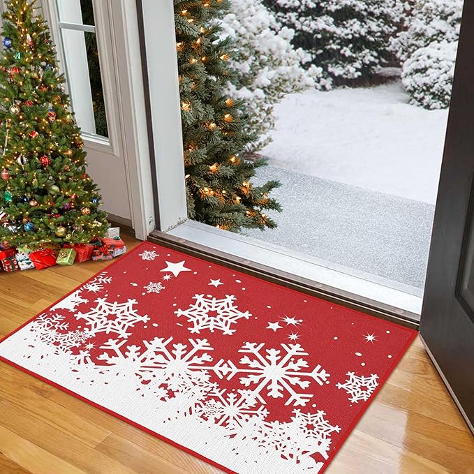 CAROMIO Christmas Doormat Holiday Door Mat Winter Snowflakes Xmas Indoor/Outdoor Welcome Mat Outdoor Indoor Entrance Floor Door Mat Front Porch for Home Decoration, 17x29 Inch
