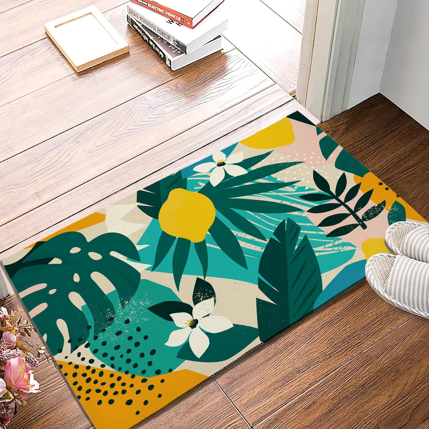 SPUNKER Abstract Modern Welcome Mat - Tropical Palm Leaves, Indoor/Outdoor, Low-Profile, 17''x30''