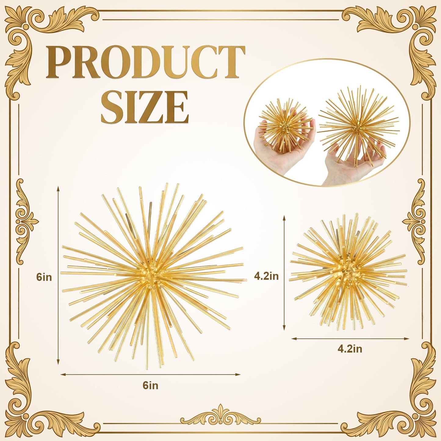 ElaraBerry 2 Pcs 4.2" and 6" Gold Sphere Decor, Metal Gold Starburst Tabletop Sculpture Decor, Modern Metal Starburst Centerpiece, Star Burst Ball Decoration for Home Decoration