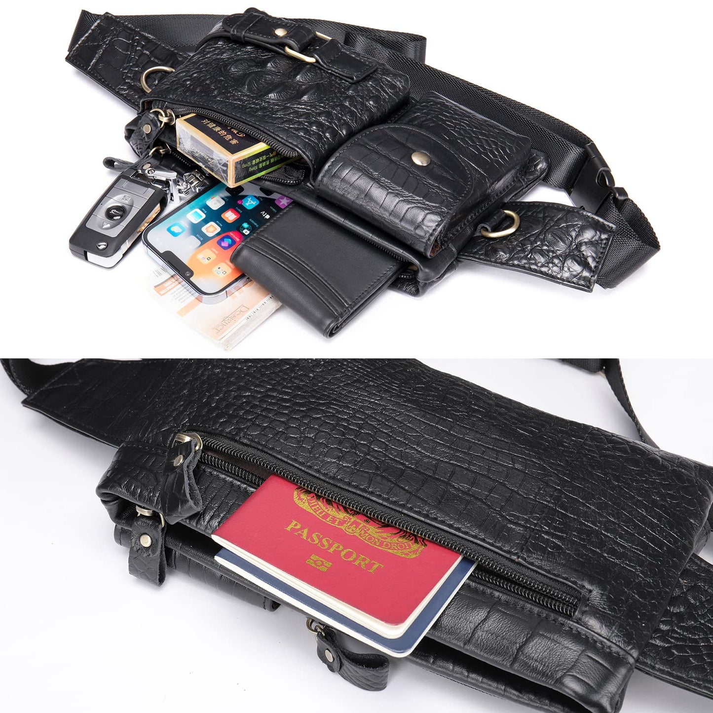 Mens Fanny Pack, Rugged Genuine Leather Waist Bags for Men Bumbag Waist Pack for Hands-free Crocodile Black